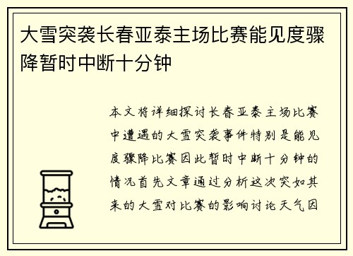 大雪突袭长春亚泰主场比赛能见度骤降暂时中断十分钟
